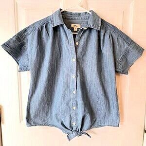 Denim shirt, tie front top, button up jean shirt, cropped denim top, Size S